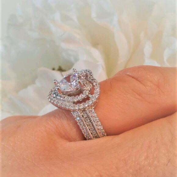 NEW Heart Ring Size 8 Silver 925 Simulated Diamonds Love Heart Wide Band Layered - Picture 11 of 14